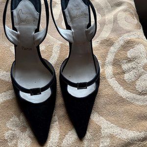 Christian Louboutin Satin Pumps Slingback Size 40 w Box Rhinestone Buckle